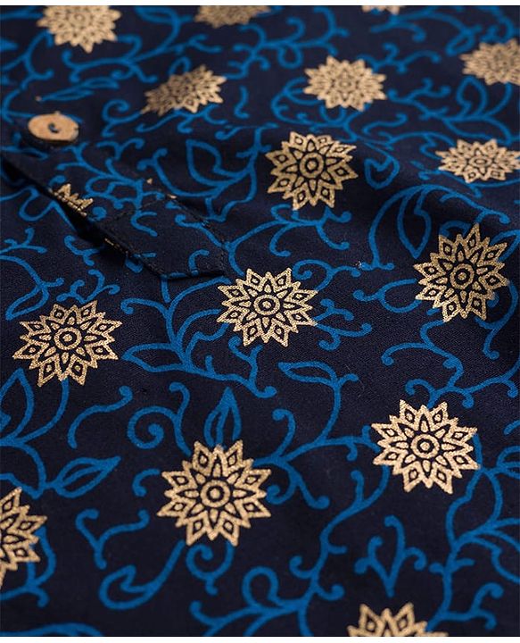 Pine Kids Cotton Woven Full Sleeves Kurta with Motif Glitter Print - Navy Blue