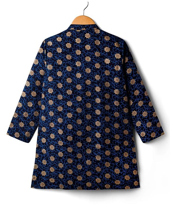 Pine Kids Cotton Woven Full Sleeves Kurta with Motif Glitter Print - Navy Blue