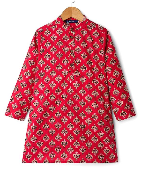 Pine Kids Cotton Woven Full Sleeves Floral Printed Kurta - Red