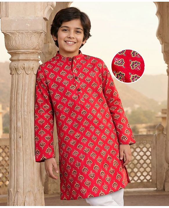 Pine Kids Cotton Woven Full Sleeves Floral Printed Kurta - Red