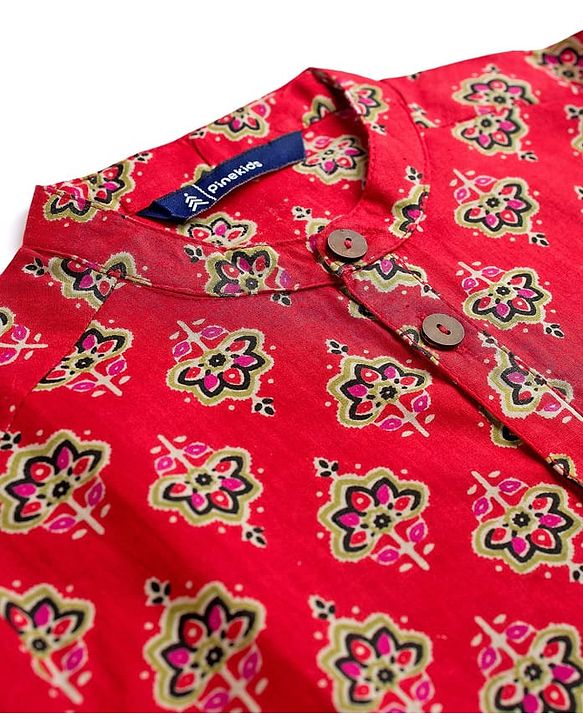 Pine Kids Cotton Woven Full Sleeves Floral Printed Kurta - Red