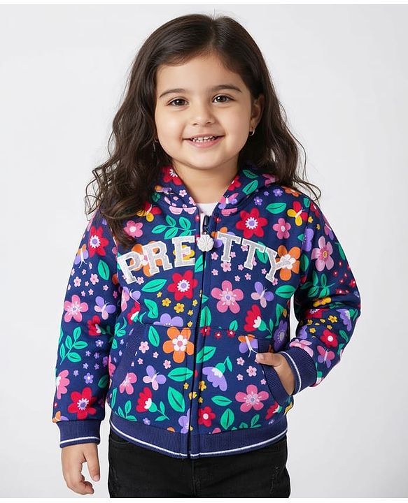Babyhug Cotton Knit Full Sleeves Front Open Hooded Sweatjacket with Kangaroo Pocket Floral Print - Navy Blue