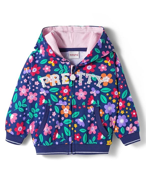 Babyhug Cotton Knit Full Sleeves Front Open Hooded Sweatjacket with Kangaroo Pocket Floral Print - Navy Blue