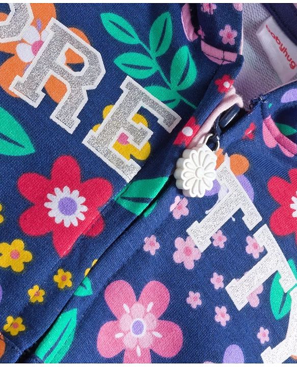 Babyhug Cotton Knit Full Sleeves Front Open Hooded Sweatjacket with Kangaroo Pocket Floral Print - Navy Blue