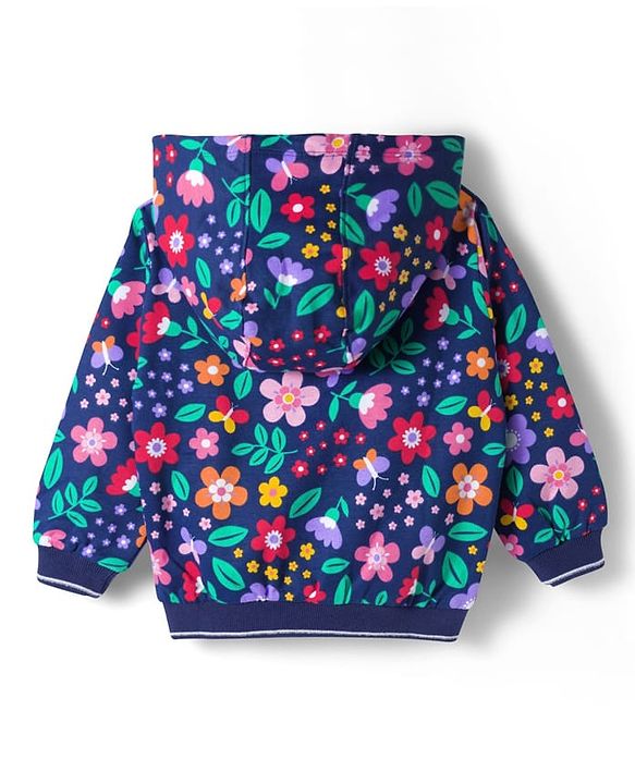Babyhug Cotton Knit Full Sleeves Front Open Hooded Sweatjacket with Kangaroo Pocket Floral Print - Navy Blue