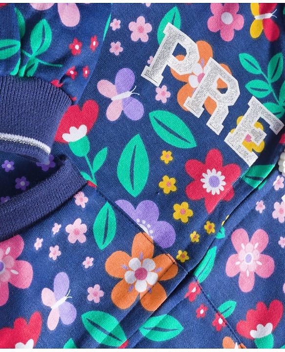 Babyhug Cotton Knit Full Sleeves Front Open Hooded Sweatjacket with Kangaroo Pocket Floral Print - Navy Blue