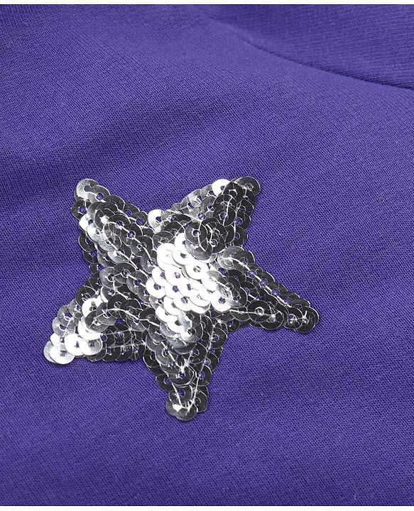 Pine Kids Cotton Knit Full Sleeves Hooded SweatJacket with Sequined Star Design - Purple