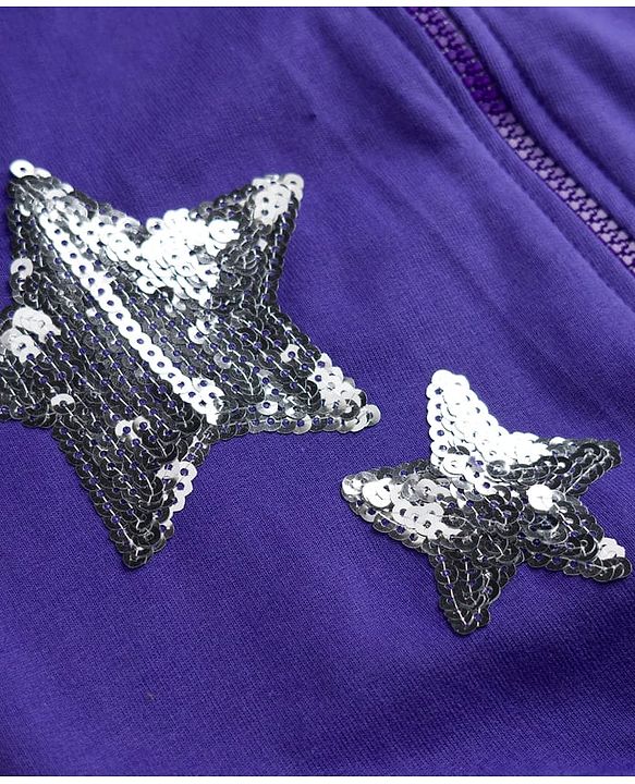 Pine Kids Cotton Knit Full Sleeves Hooded SweatJacket with Sequined Star Design - Purple