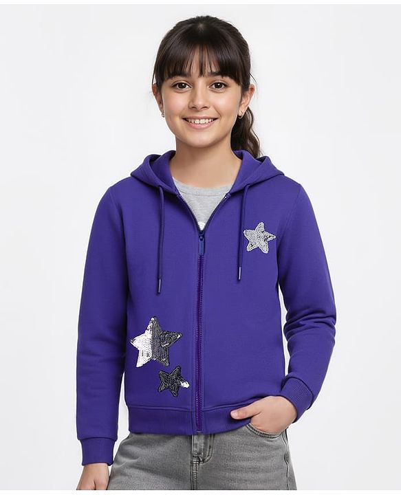 Pine Kids Cotton Knit Full Sleeves Hooded SweatJacket with Sequined Star Design - Purple