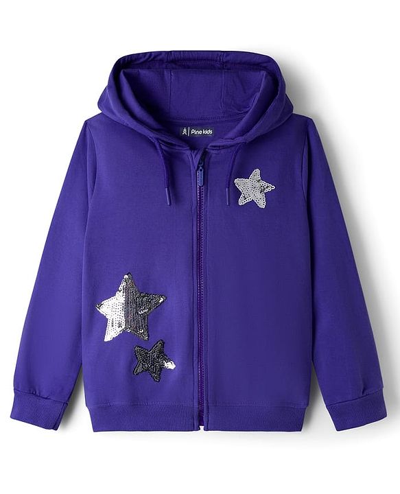 Pine Kids Cotton Knit Full Sleeves Hooded SweatJacket with Sequined Star Design - Purple