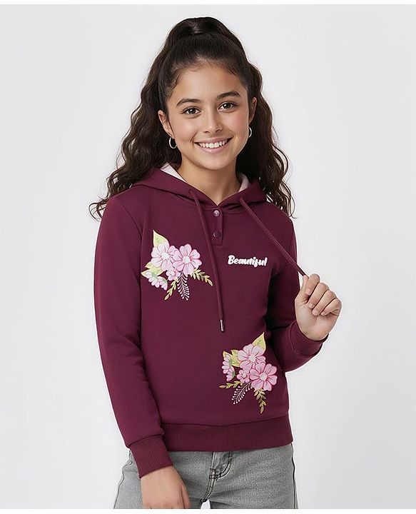 Pine Kids Cotton Knit Full Sleeves Hooded Sweatshirt with Floral Graphics - Wine