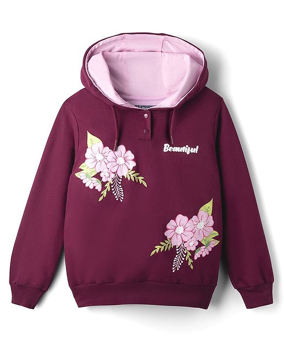 Pine Kids Cotton Knit Full Sleeves Hooded Sweatshirt with Floral Graphics - Wine