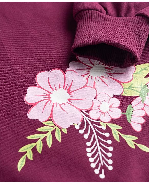 Pine Kids Cotton Knit Full Sleeves Hooded Sweatshirt with Floral Graphics - Wine