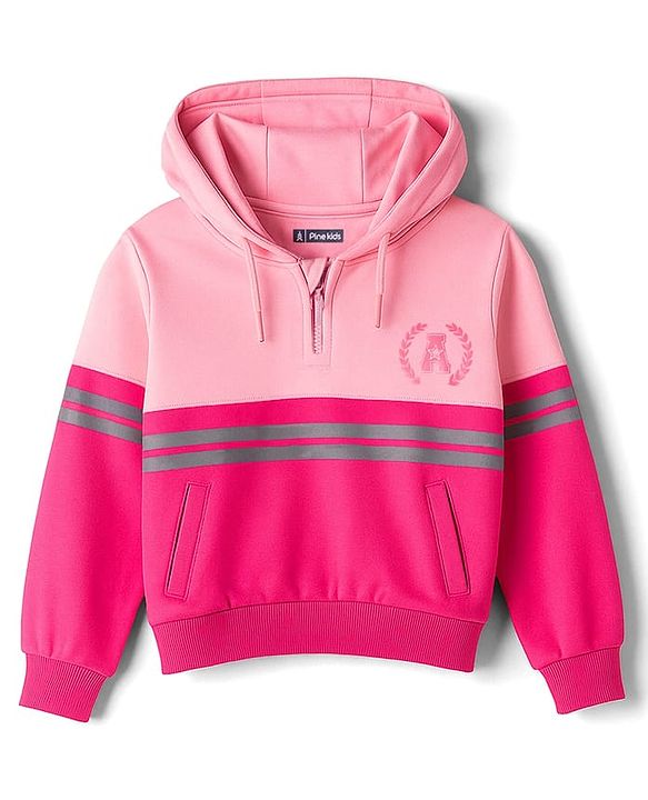 Pine Kids Cotton Knit Full Sleeves Hooded Sweatshirt with Cut & Sew Design - Pink