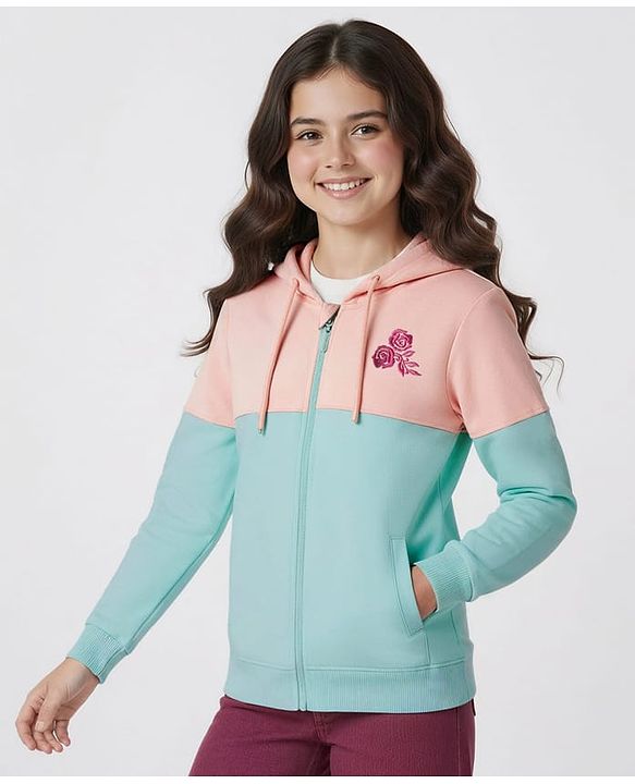 Pine Kids Cotton Knit Full Sleeves Hooded Sweatjacket With Floral Embroidery - Multicolor