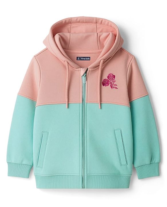 Pine Kids Cotton Knit Full Sleeves Hooded Sweatjacket With Floral Embroidery - Multicolor