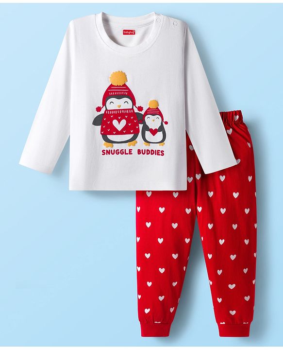 Babyhug Cotton Knit Full Sleeves Night Suit with Penguin & Heart Print - White & Red