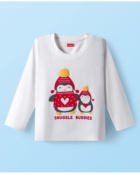 Babyhug Cotton Knit Full Sleeves Night Suit with Penguin & Heart Print - White & Red