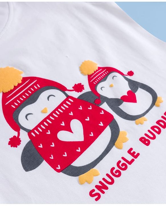 Babyhug Cotton Knit Full Sleeves Night Suit with Penguin & Heart Print - White & Red