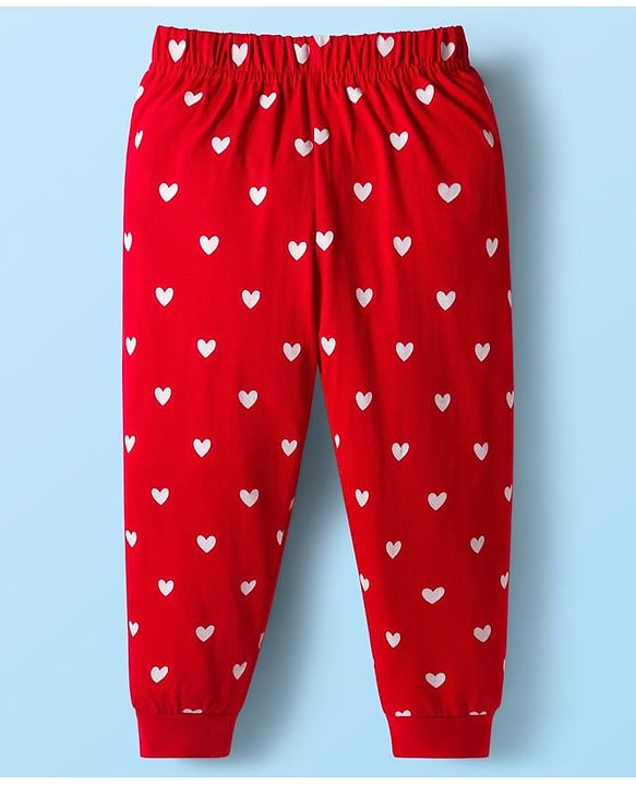 Babyhug Cotton Knit Full Sleeves Night Suit with Penguin & Heart Print - White & Red