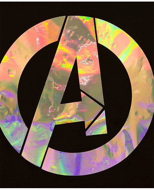 Pine Kids Marvel Single Jersey Knit Oversize Drop Shoulder Half Sleeves T-Shirt with Avengers Graphics and Holographic Print Detailing - Black