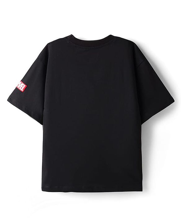 Pine Kids Marvel Single Jersey Knit Oversize Drop Shoulder Half Sleeves T-Shirt with Avengers Graphics and Holographic Print Detailing - Black