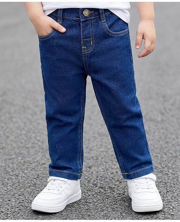 Babyhug Cotton Denim Full Length Washed Jeans With Stretch - Dark Blue
