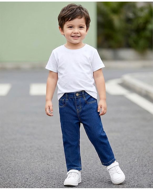 Babyhug Cotton Denim Full Length Washed Jeans With Stretch - Dark Blue