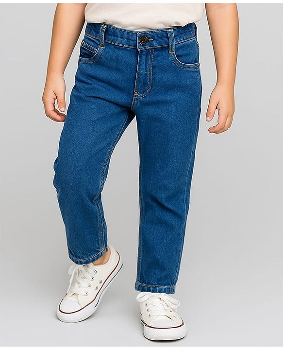 Babyhug Cotton Denim Full Length Washed Jeans With Stretch - Dark Blue