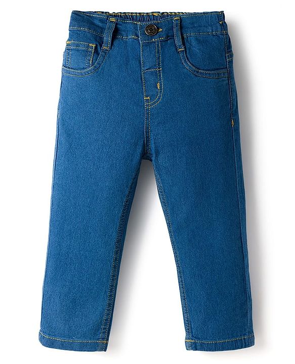 Babyhug Cotton Denim Full Length Washed Jeans With Stretch - Dark Blue