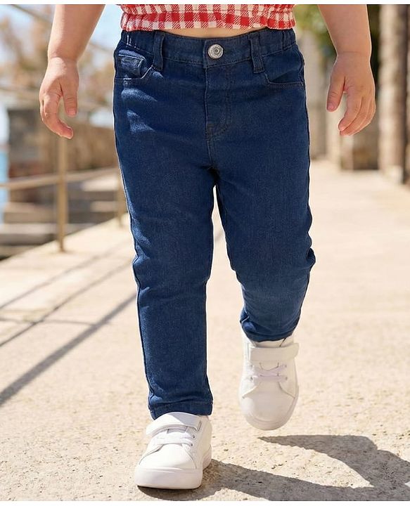 Babyhug Denim Full Length Washed Jeans With Stretch - Navy Blue