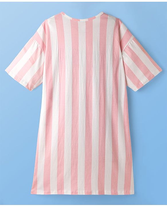Pine Kids Disney Single Jersey Knit Mid Thigh Half Sleeves Nighty With Lilo & Stitch Graphics - Pink