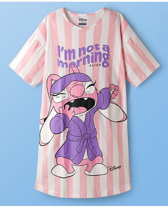 Pine Kids Disney Single Jersey Knit Mid Thigh Half Sleeves Nighty With Lilo & Stitch Graphics - Pink