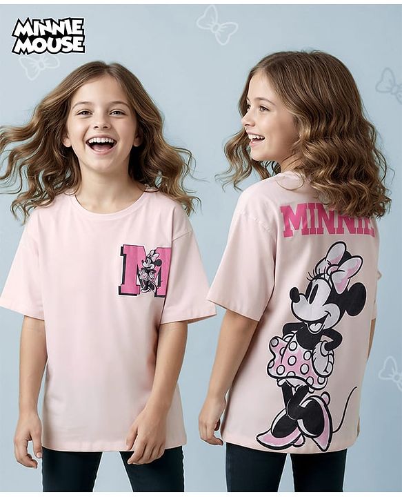 Pine Kids Disney Single Jersey Knit Drop Shoulder Half Sleeves T-Shirt with Minnie Mouse Graphics - Pink