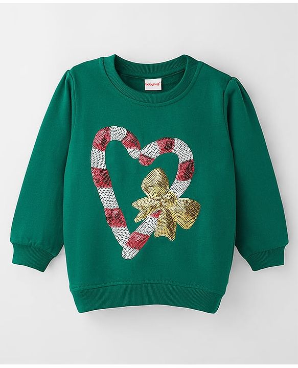 Babyhug Fleece Knit Full Sleeves Sweatshirt With Sequin Detailing - Green