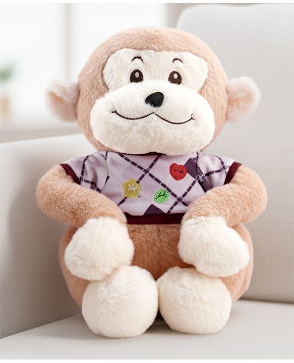 Babyhug 35cm Plush Cute Monkey with T-shirt Soft Toy - Brown| for Toddler Gifting| Boys & Girls| Stuffed Animal| Baby Safe| Cuddle & Travel Partner| Super Soft Fabric| Room & Car Décor