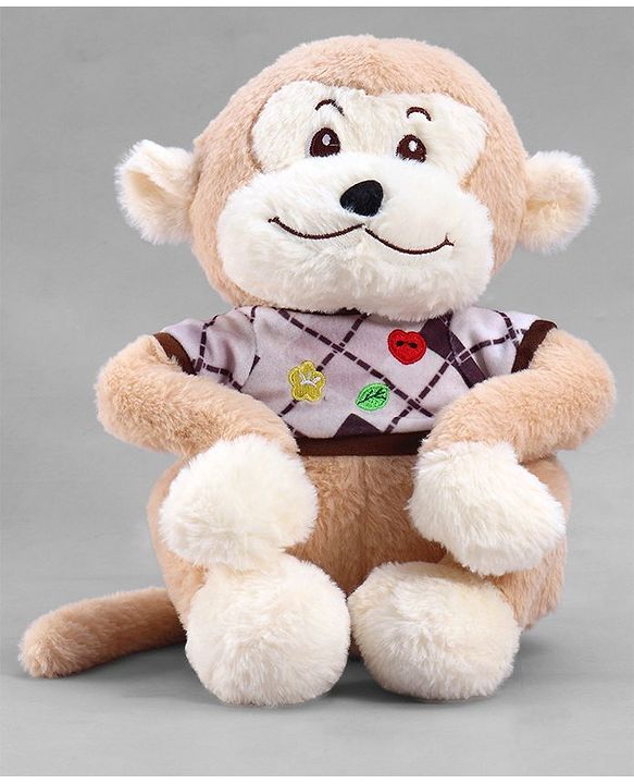 Babyhug 35cm Plush Cute Monkey with T-shirt Soft Toy - Brown| for Toddler Gifting| Boys & Girls| Stuffed Animal| Baby Safe| Cuddle & Travel Partner| Super Soft Fabric| Room & Car Décor