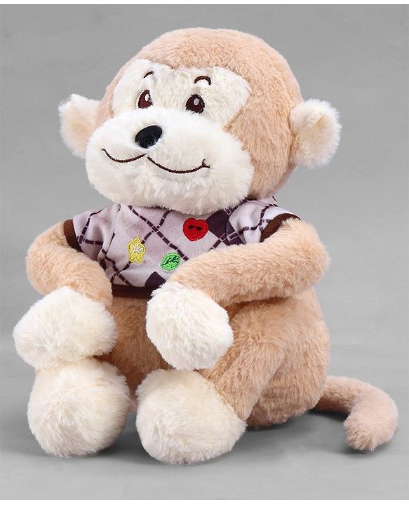 Babyhug 35cm Plush Cute Monkey with T-shirt Soft Toy - Brown| for Toddler Gifting| Boys & Girls| Stuffed Animal| Baby Safe| Cuddle & Travel Partner| Super Soft Fabric| Room & Car Décor