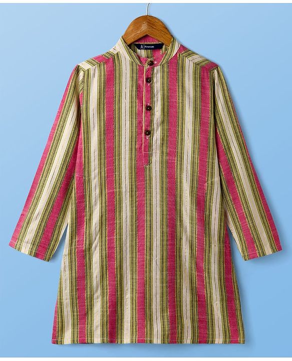 Pine Kids Woven Full Sleeves Kurta Pajama Set with Stripes - White