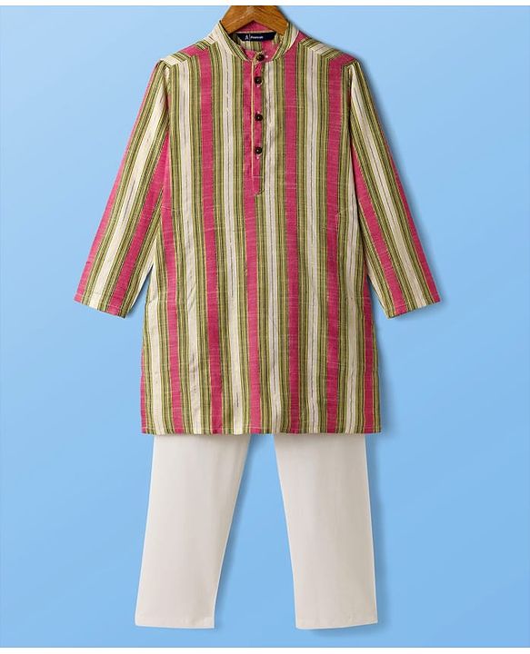 Pine Kids Woven Full Sleeves Kurta Pajama Set with Stripes - White