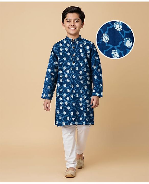 Pine Kids Cotton Woven Floral Printed Kurta & Pyjama Set - Blue