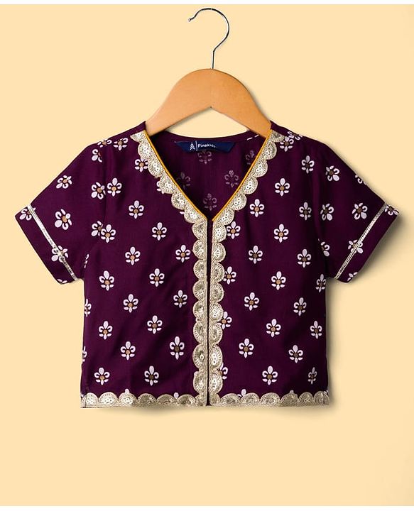 Pine Kids Viscose Woven Half Sleeves Choli Lehenga Set with Dupatta & Motif Glitter Print - Purple