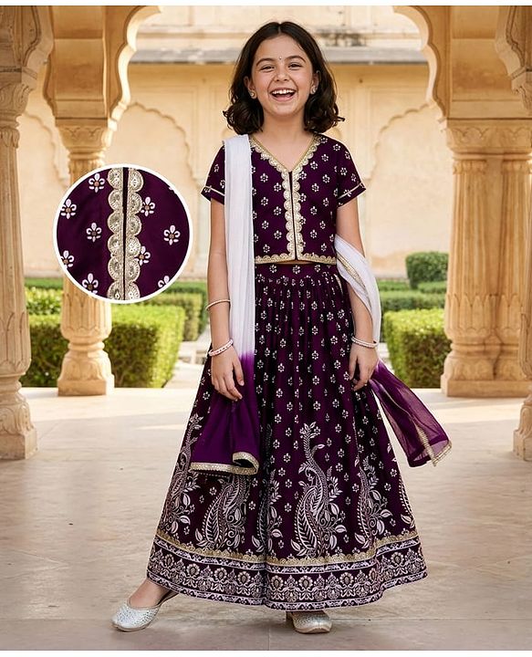 Pine Kids Viscose Woven Half Sleeves Choli Lehenga Set with Dupatta & Motif Glitter Print - Purple
