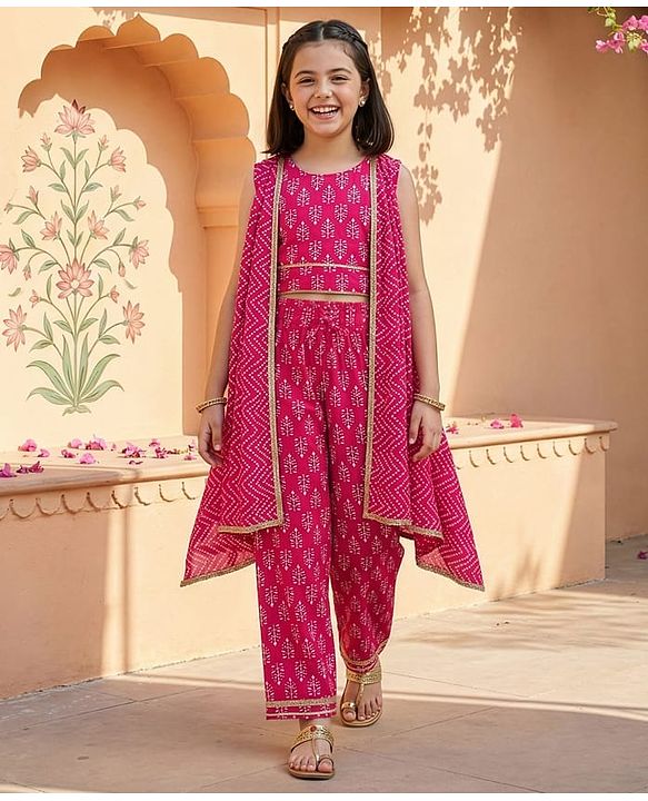 Pine Kids Cotton Woven Sleeveless Floral & Badhani Printed Top with Jacket & Pant Set - Pink