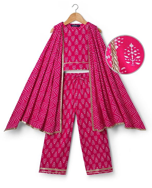 Pine Kids Cotton Woven Sleeveless Floral & Badhani Printed Top with Jacket & Pant Set - Pink