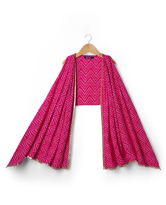 Pine Kids Cotton Woven Sleeveless Floral & Badhani Printed Top with Jacket & Pant Set - Pink