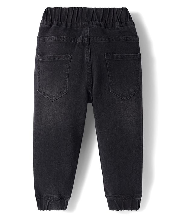 Babyhug Denim Full Length Washed Joggers with Stretch - Black