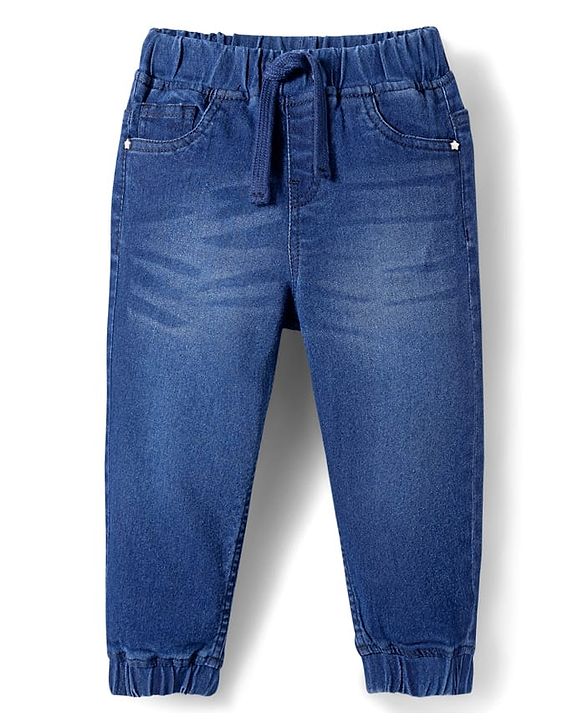 Babyhug Denim Full Length Washed Joggers with Stretch - Black
