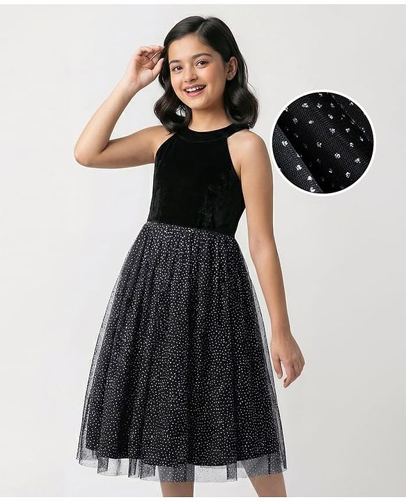 Pine Kids Woven Sleeveless Halter Neck Party Gown With Glitter Print - Black