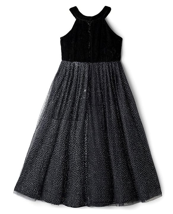 Pine Kids Woven Sleeveless Halter Neck Party Gown With Glitter Print - Black